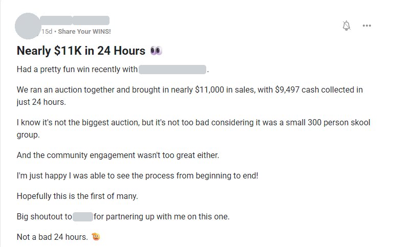 Post: nearly $11K in 24 hours in a 300-person Skool group