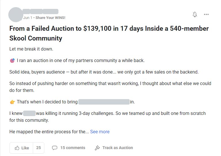 Post: from a failed auction to $139,100 in 17 days inside a 540-member community