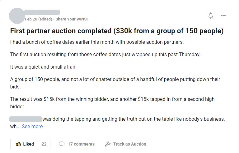 Post: first partner auction, $30k from a group of 150 people