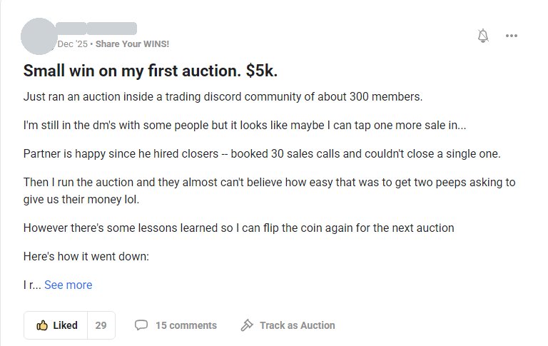 Post: small win on a first auction, $5k, inside a 300-member trading Discord
